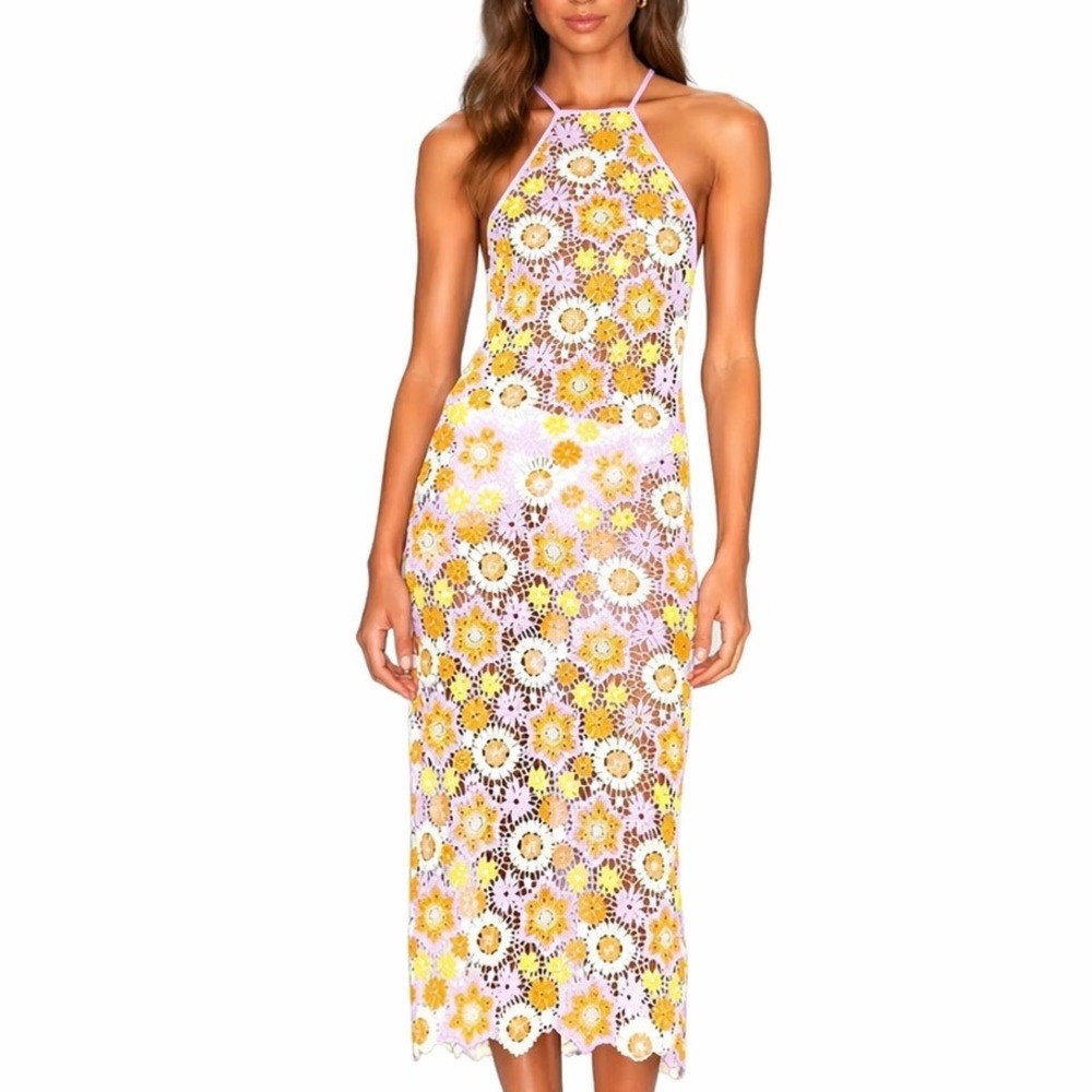 Majorelle Marleigh Revolve Dress Womens XS Groovy Multi Floral Crochet Halt Boho